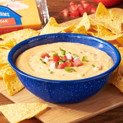 Bowl of Queso Dip on table
