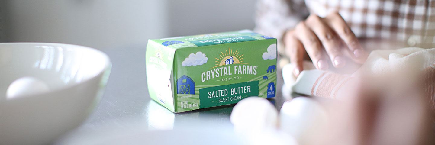 Crystal Farms unsalted butter package on table
