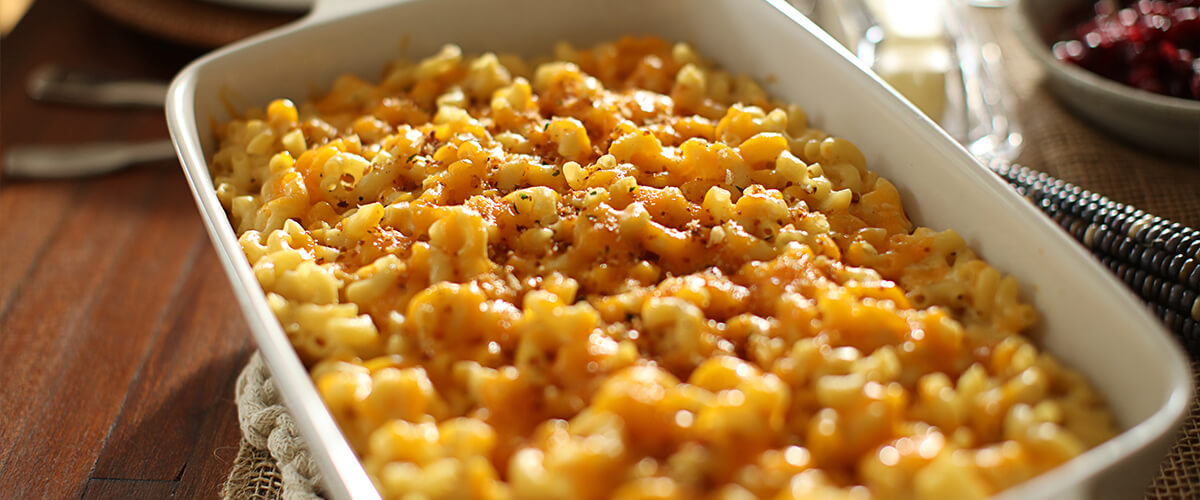 Casserole dish with baked mac and cheese